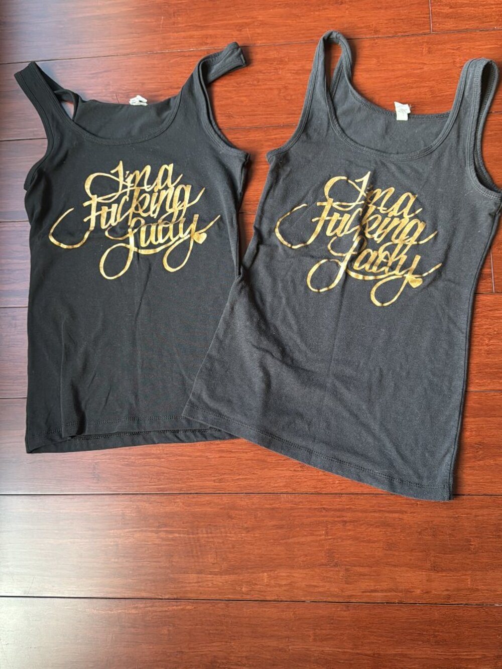 Bundle 2 Funny Statement Tank Tops Gold Script Black S M